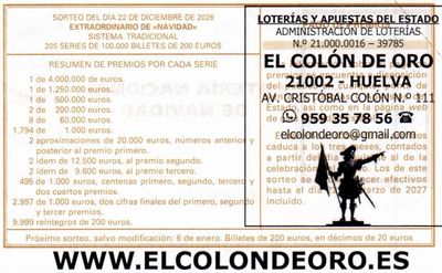 Reverso del d&eacute;cimo 48116 con el sello de la Administraci&oacute;n n&ordm; 16 &laquo;El Col&oacute;n de Oro&raquo;, en Huelva